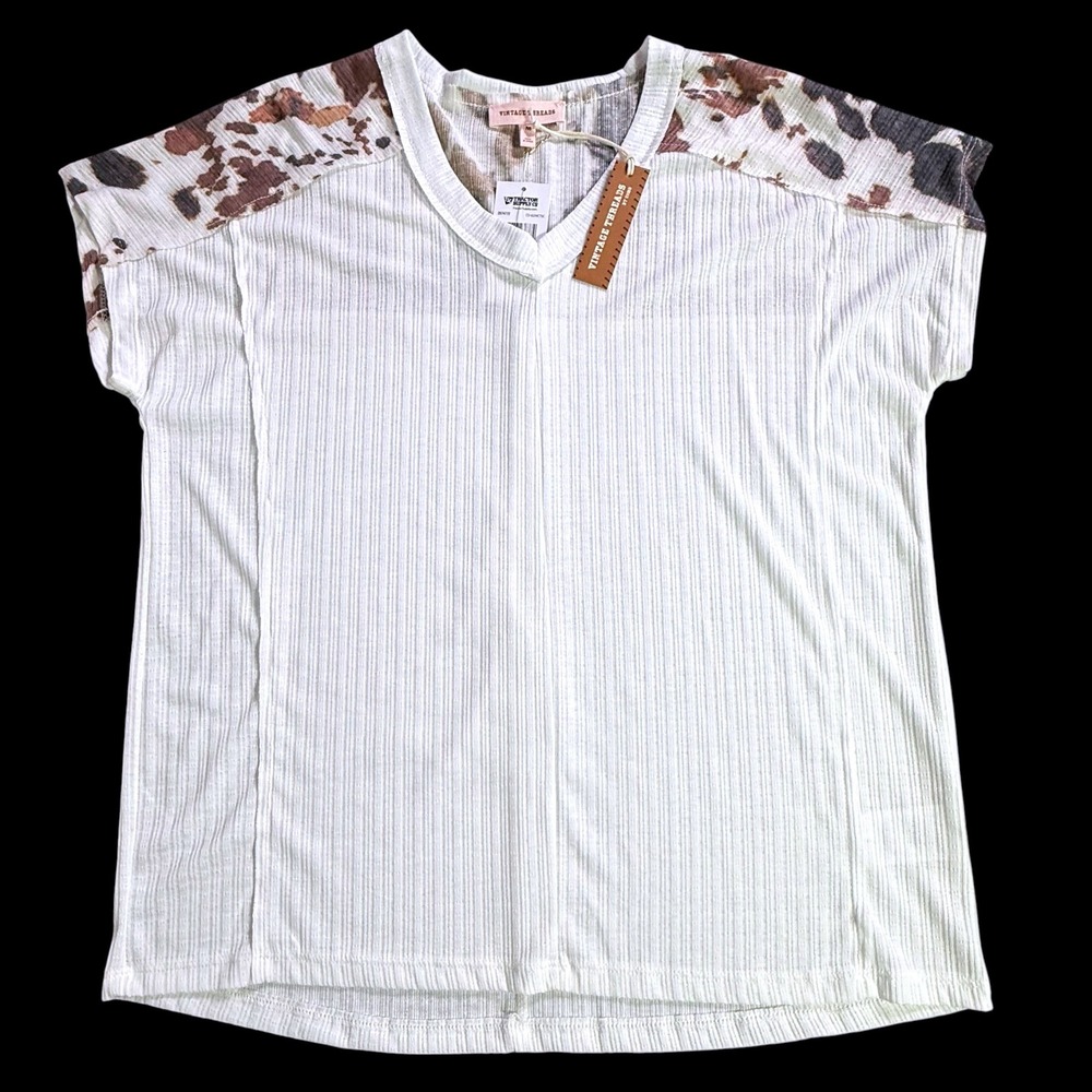 Vintage Threads by Como Cow Print Ribbed V-Neck Top White‎ Brown CS16259CTSC